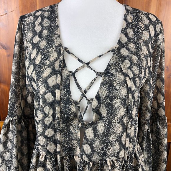 SHOW ME YOUR MUMU Boho Snake Print Poet Sheer Balloon Bell sleeve Fairycore Top - Picture 8 of 13
